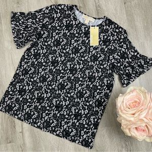 NWT Michael Kors Paisley Bell Short Sleeve Black Top Women Size XS